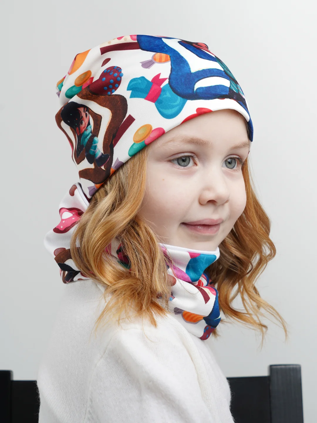 Белый шапка детская, снуд в комплекте, 3-8 лет