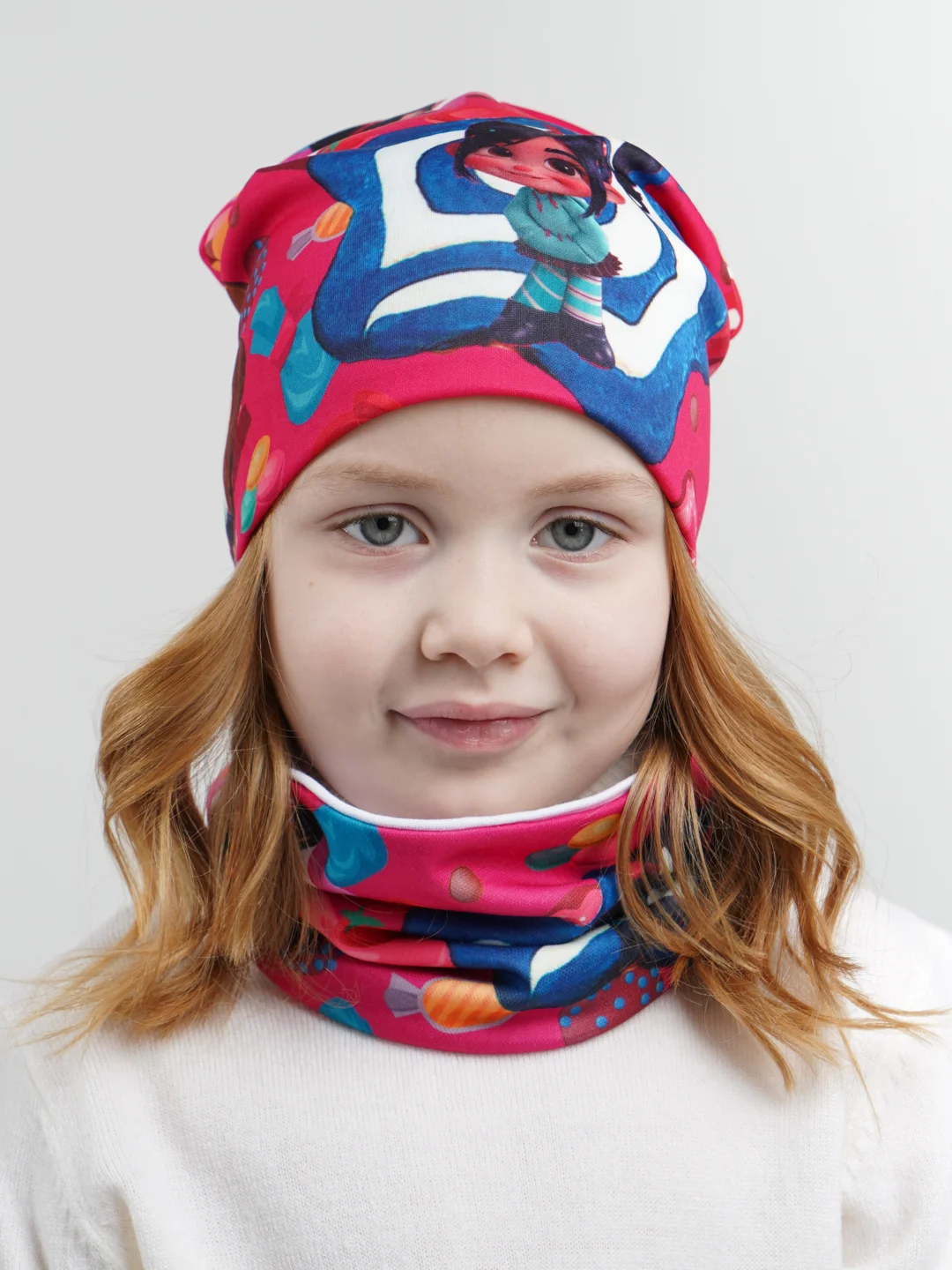 Фуксия шапка детская, снуд в комплекте, 3-8 лет