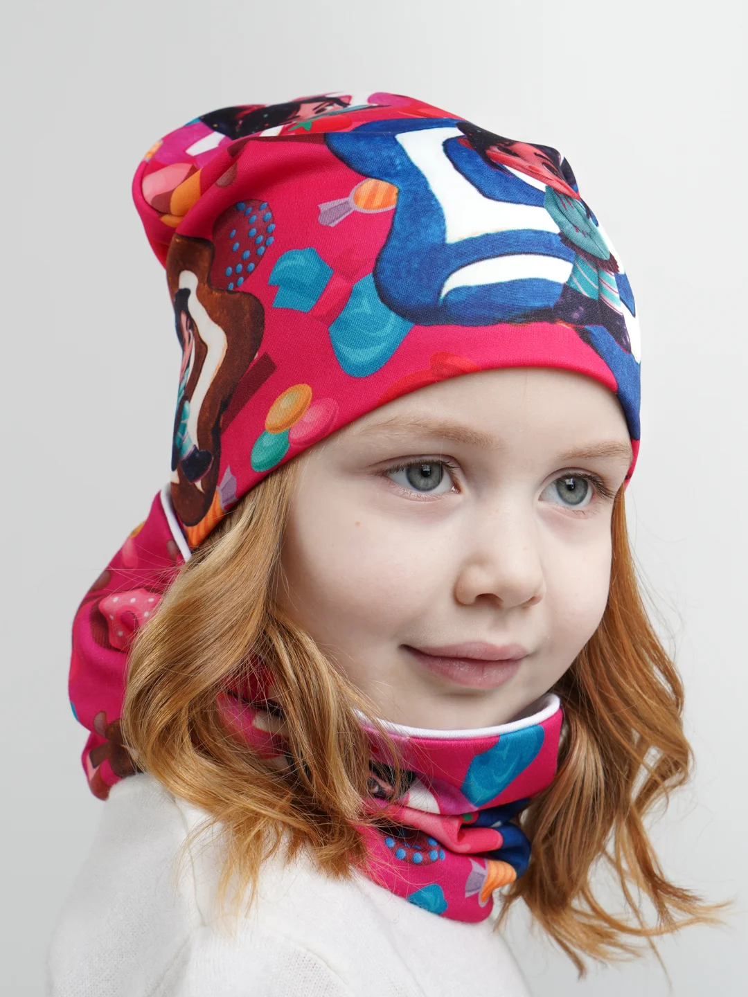 Фуксия шапка детская, снуд в комплекте, 3-8 лет