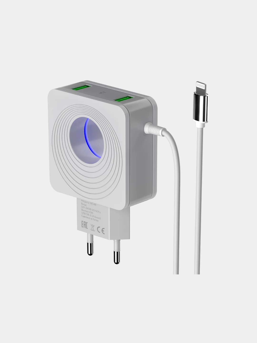 Белый сзу More Choice NC48i, 2USB, 2.4A, встроенный кабель Lightning, LED подсветка