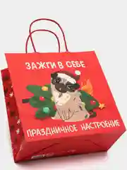 Коричневый пакет подарочный Новый год, 22 х 22 х 11 см, 17 видов
