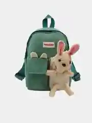 Бирюзовый рюкзак детский со значками и игрушкой зайчиком, пикачу