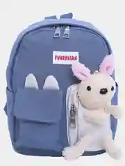 Синий меланж рюкзак детский со значками и игрушкой зайчиком, пикачу