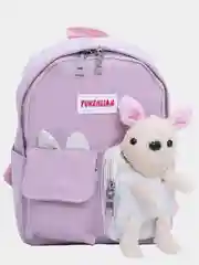 Пудровый рюкзак детский со значками и игрушкой зайчиком, пикачу