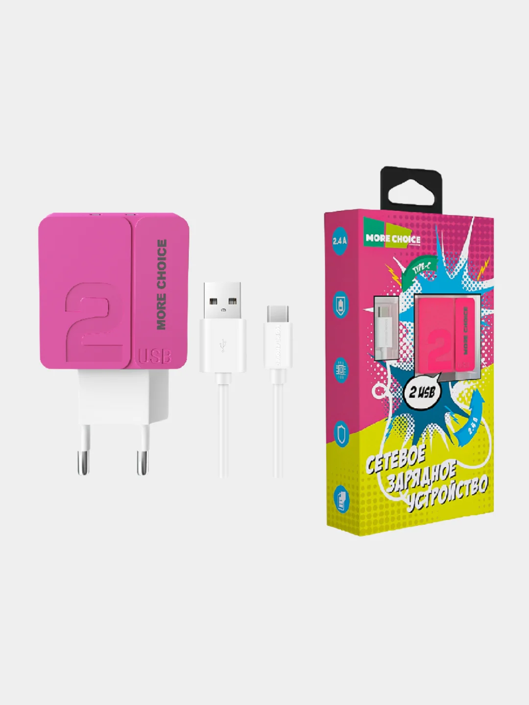 Розовый сзу More Choice NC46a, 2USB, 2.4A + кабель Type-C, 1 м