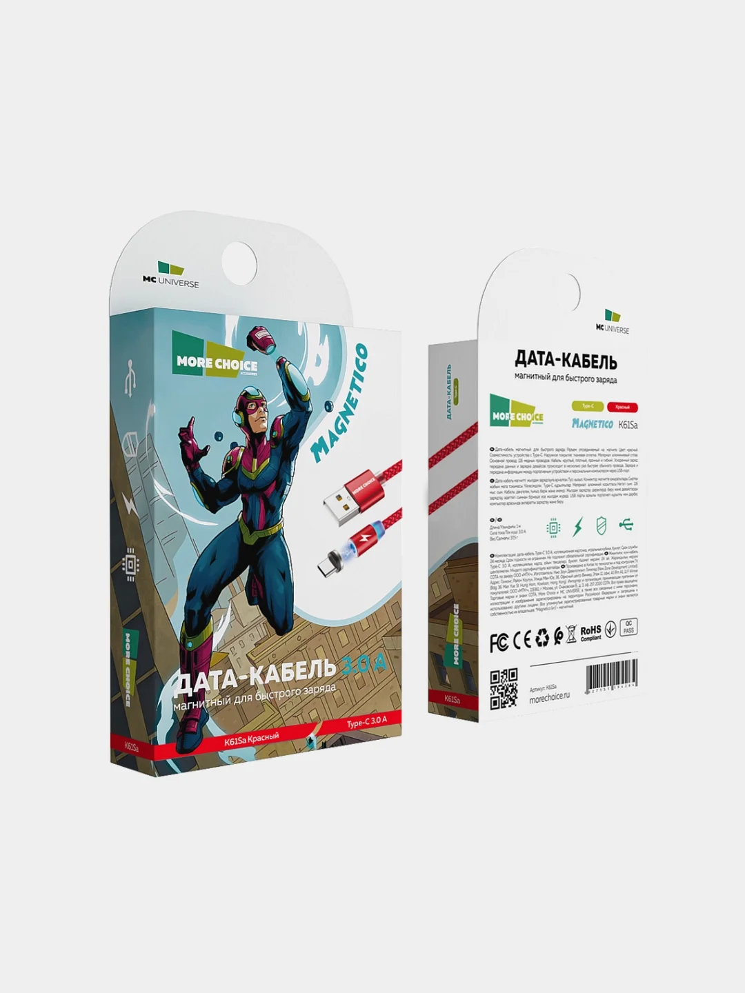 Красный кабель USB - Type-C, More Choice K61Sa, MAGNETIC, 3.0A, 1 м