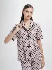 Розовый женский домашний костюм в горошек: рубашка и брюки