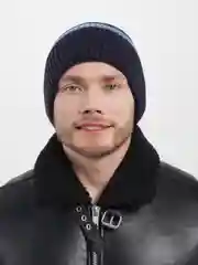 Синий шапка лопатка для мальчиков с отворотом вязаная