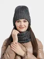 Черный комплект женский МАГНА шапка бини на флисе и шарф-снуд в два оборота