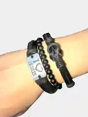 Серебряный набор браслетов мужской, кожаный