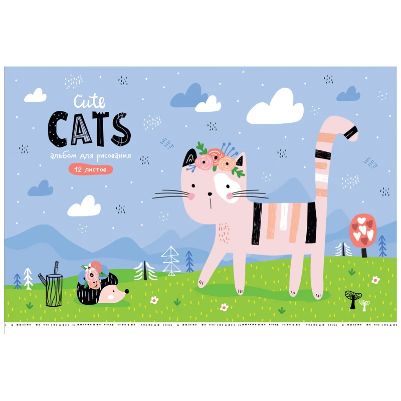Голубой альбом для рисования на скрепке А5 Cute cats, 12 листов