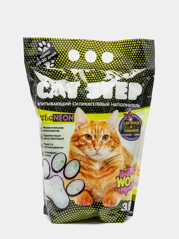 Наполнитель Cat Step Arctic Neon светится в темноте, силикагелевый, впитывающий, 3.8 л