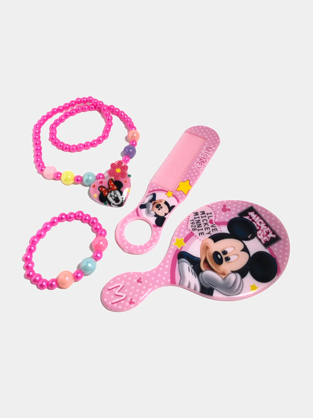 Розовый набор для девочек, Подарочный набор "Mickey Mouse", Зеркало, Расческа, Бусы и браслет