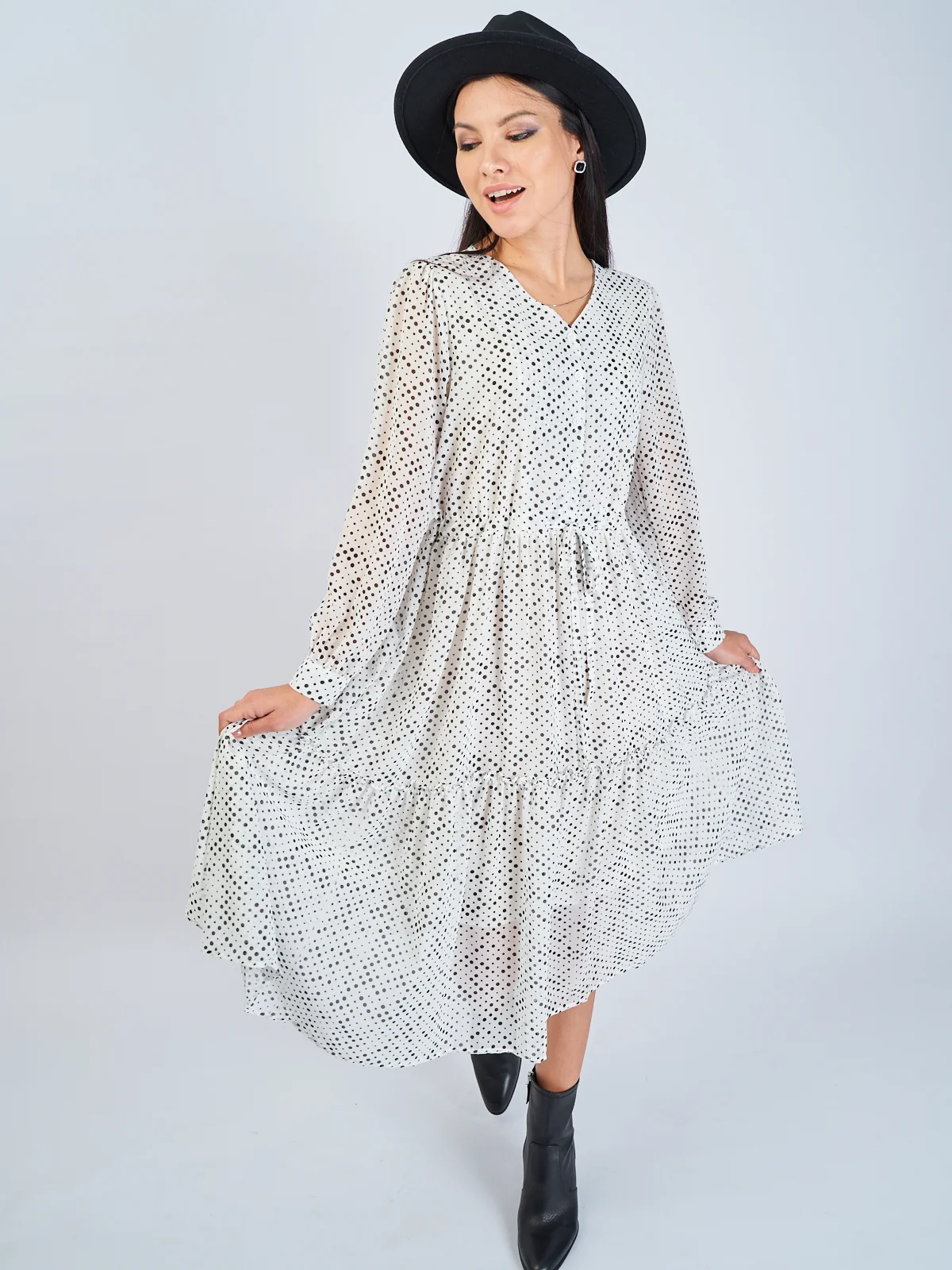Белый платье женское шифоновое, в горох, oversize