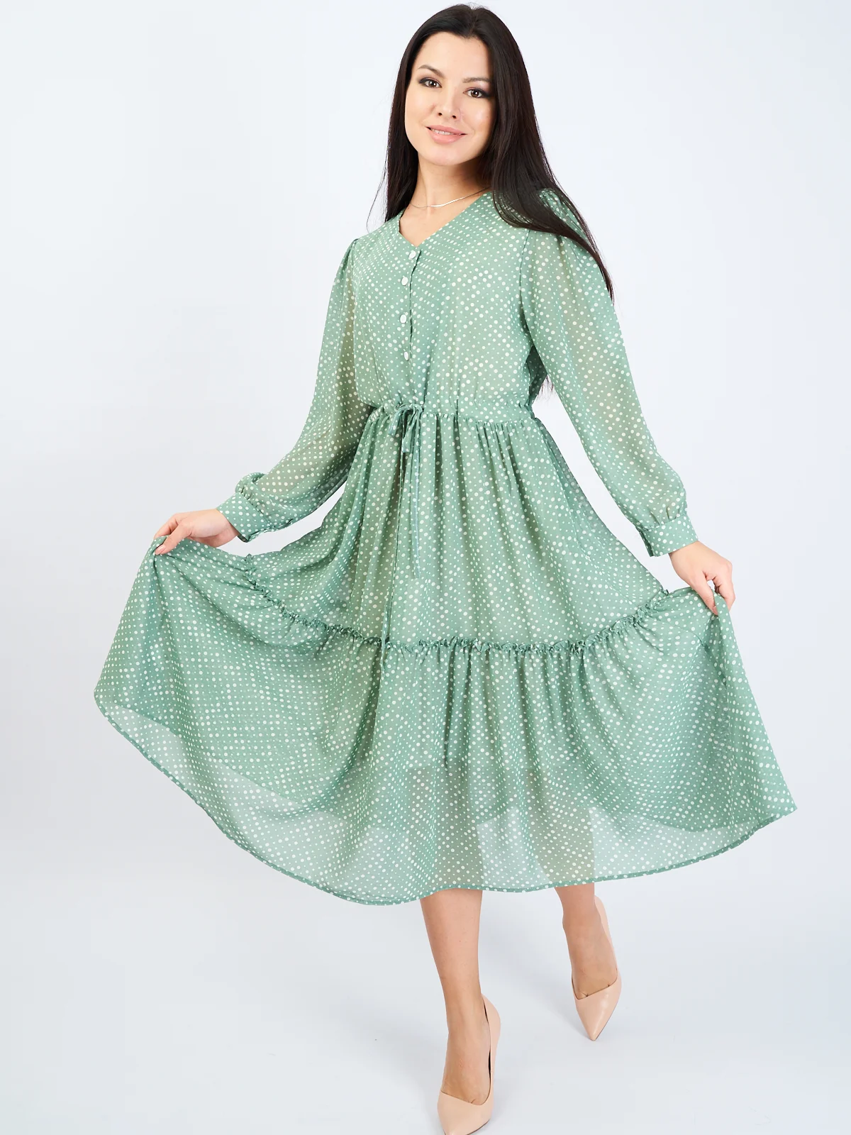 Мятный платье женское шифоновое, в горох, oversize