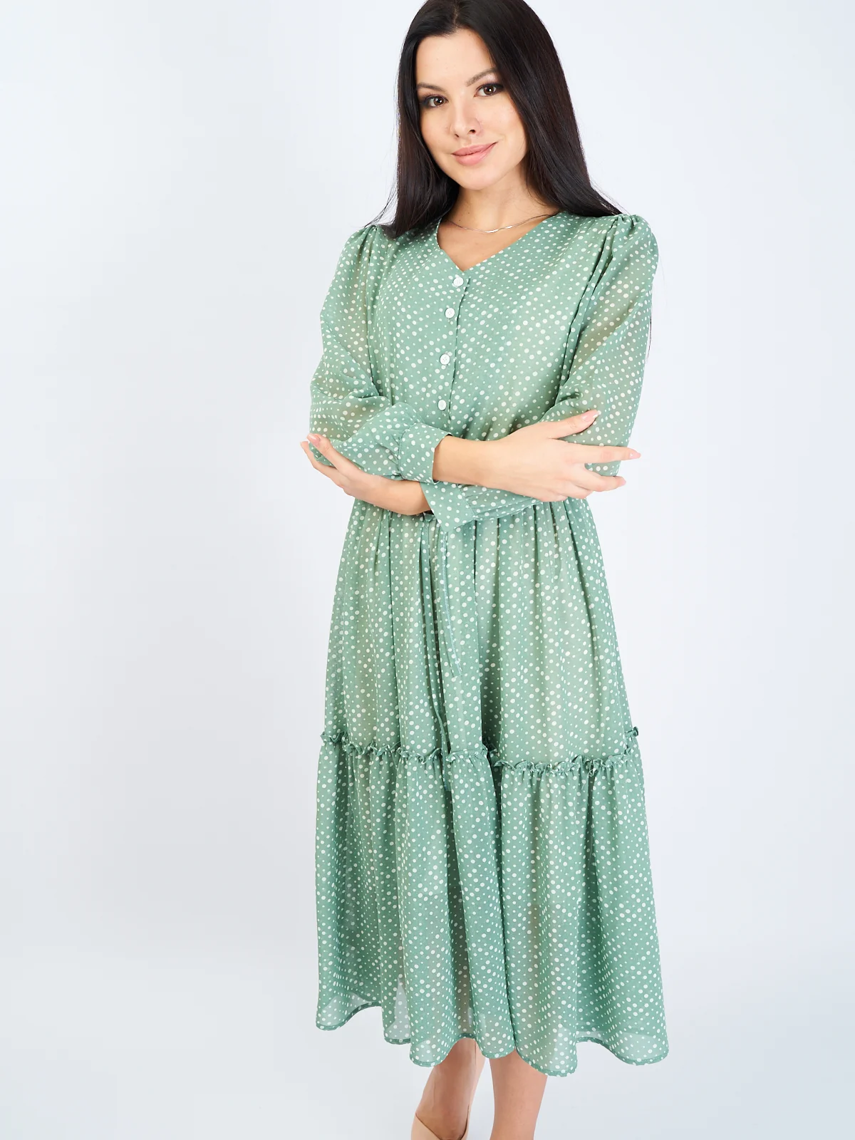 Мятный платье женское шифоновое, в горох, oversize