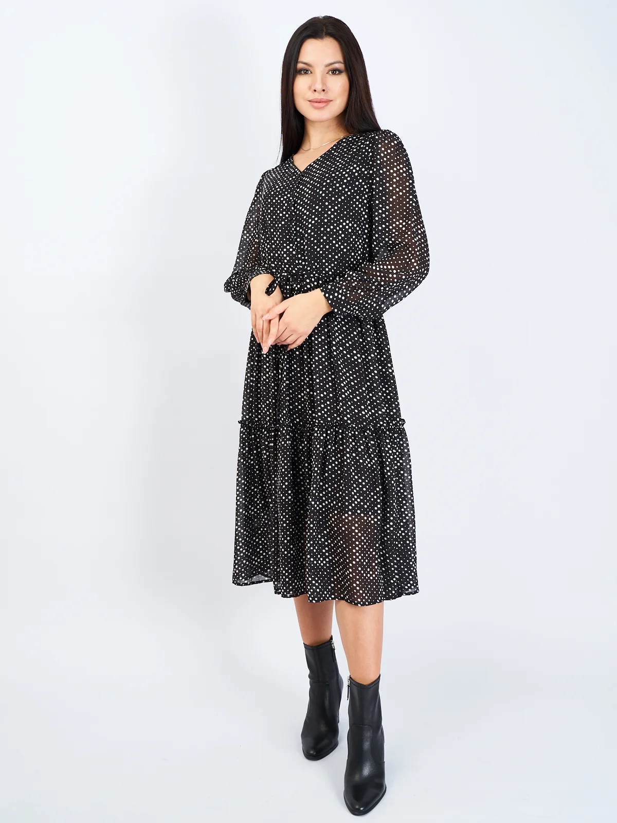 Черный платье женское шифоновое, в горох, oversize