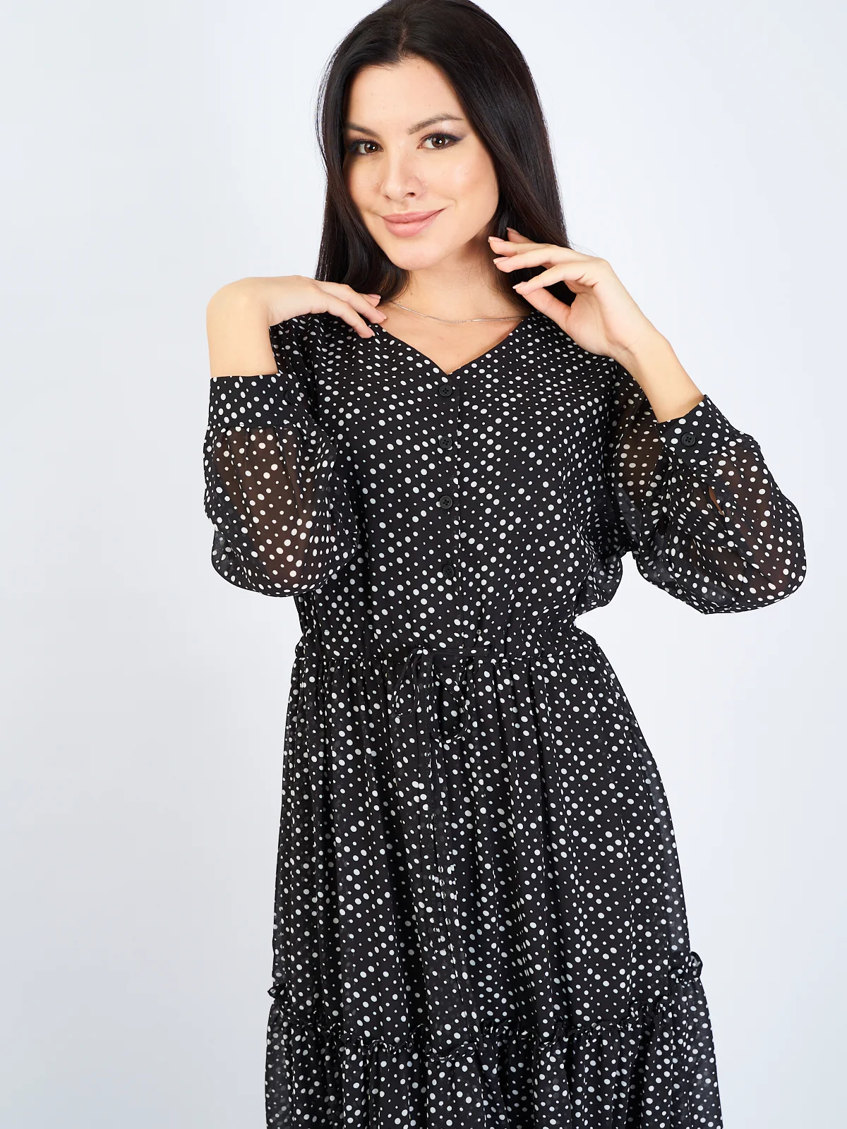 Черный платье женское шифоновое, в горох, oversize
