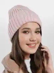 Пудровый шапка бини / шапка женская /шапка с отворотом /на осень вязаная / с утеплителем / 9 цветов