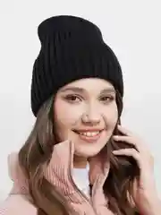 Черный шапка бини / шапка женская / шапка с отворотом / шапка вязаная / с утеплителем / 21 цвет