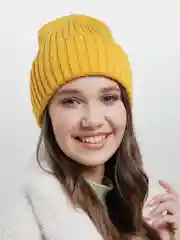 Желтый шапка бини / шапка женская / шапка с отворотом / шапка вязаная / с утеплителем / 21 цвет