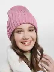 Розовый шапка бини / шапка женская /шапка с отворотом /на осень вязаная / с утеплителем / 9 цветов