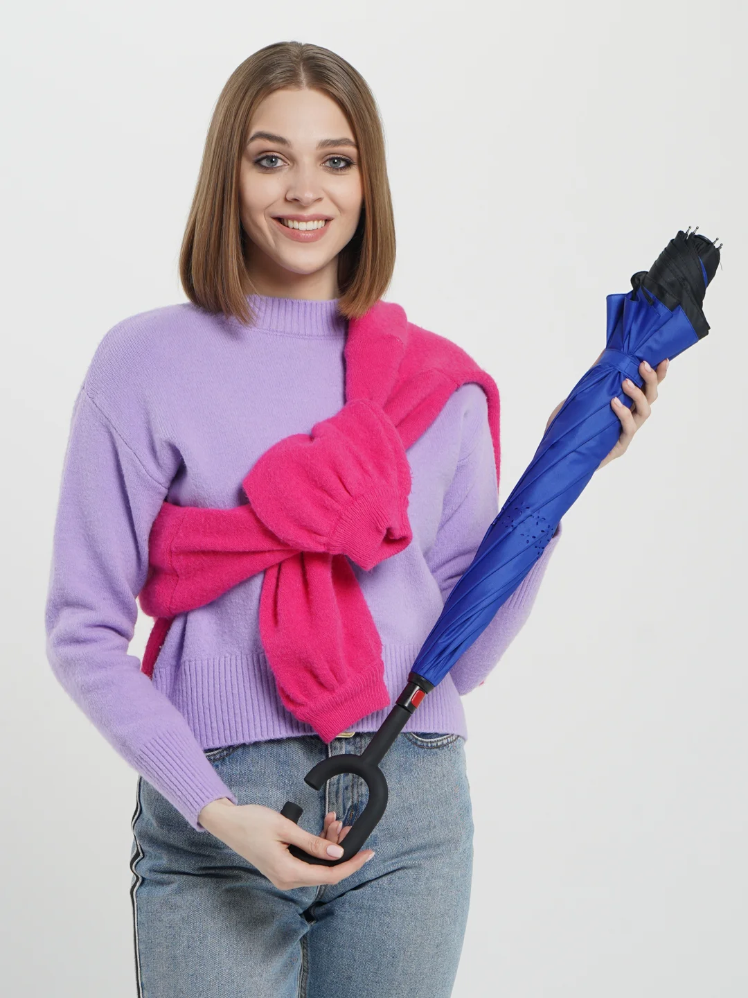 Индиго инвертированный женский зонт, двухслойный