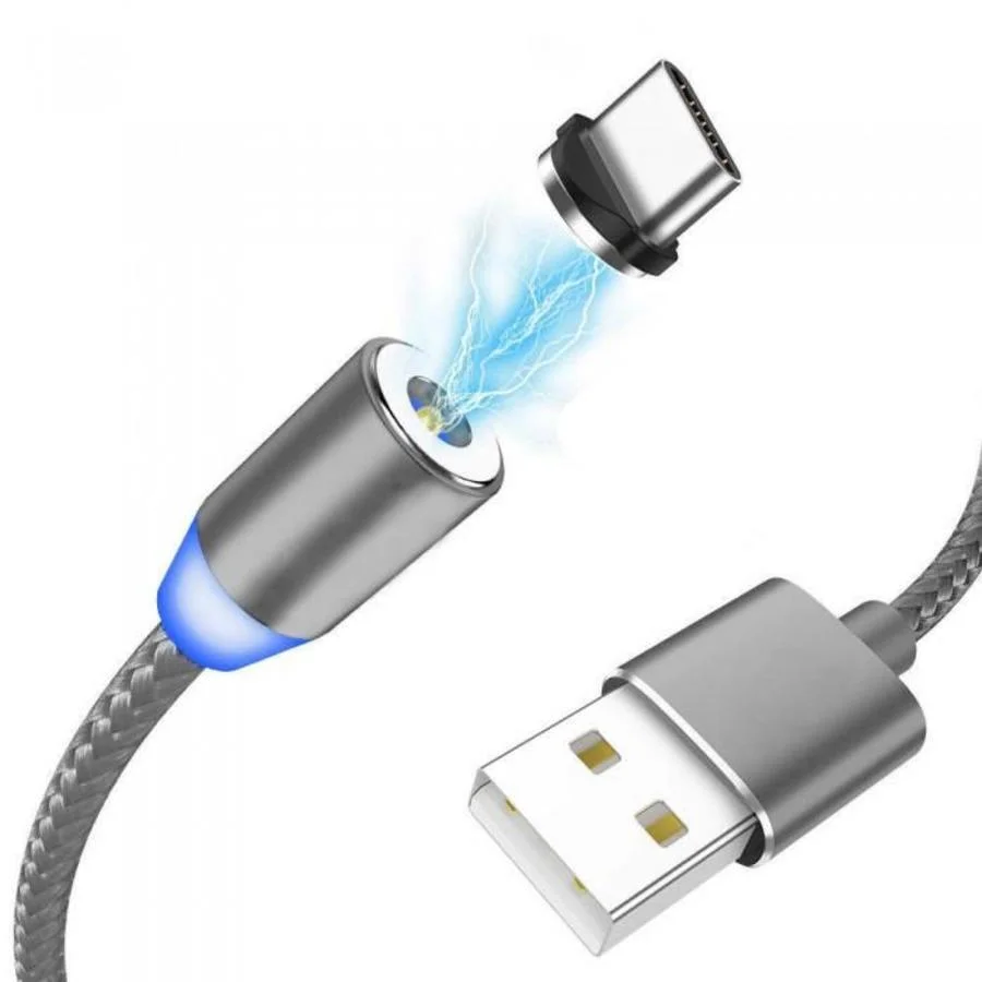 Серый магнитный USB-кабель 3 в 1 с 3-мя разъемами microusb, type C, Lightning, 3 цвета