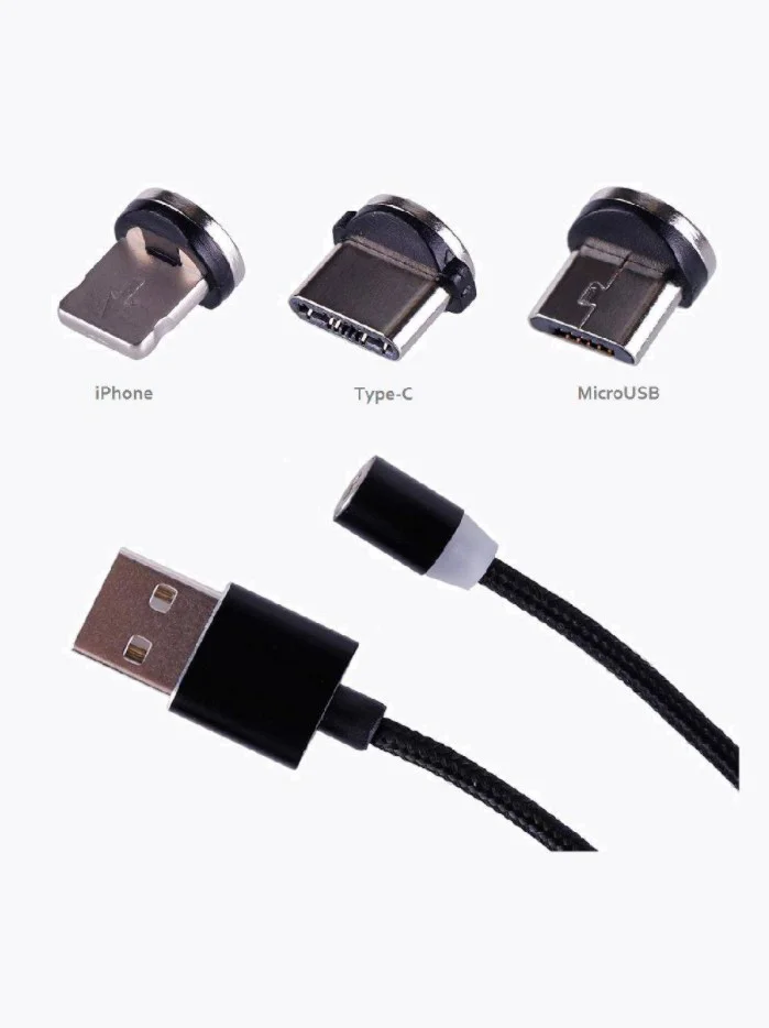 Тёмно-серый кабель зарядный магнитный тканевый MicroUSB/Type-C/Lightning  2.4A, Айфон, Андроид,головка