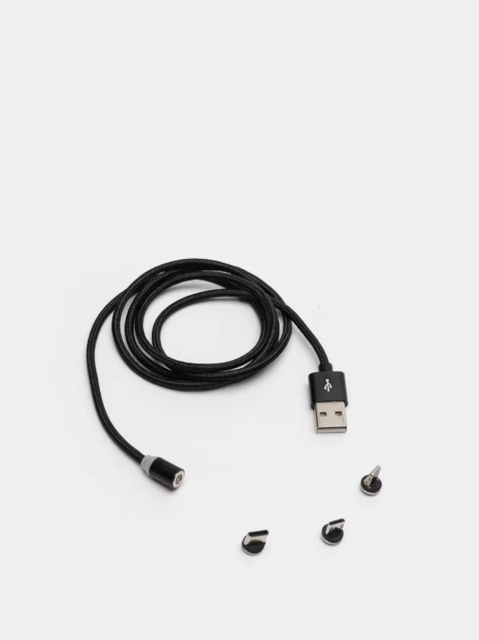 Тёмно-серый кабель зарядный магнитный тканевый MicroUSB/Type-C/Lightning  2.4A, Айфон, Андроид,головка