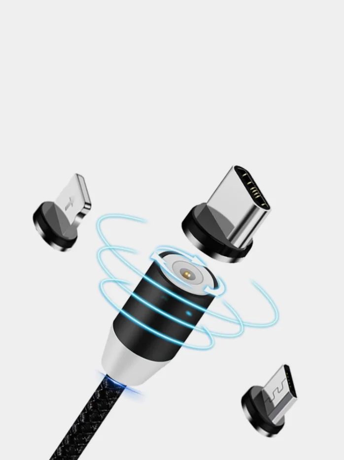 Тёмно-серый кабель зарядный магнитный тканевый MicroUSB/Type-C/Lightning  2.4A, Айфон, Андроид,головка