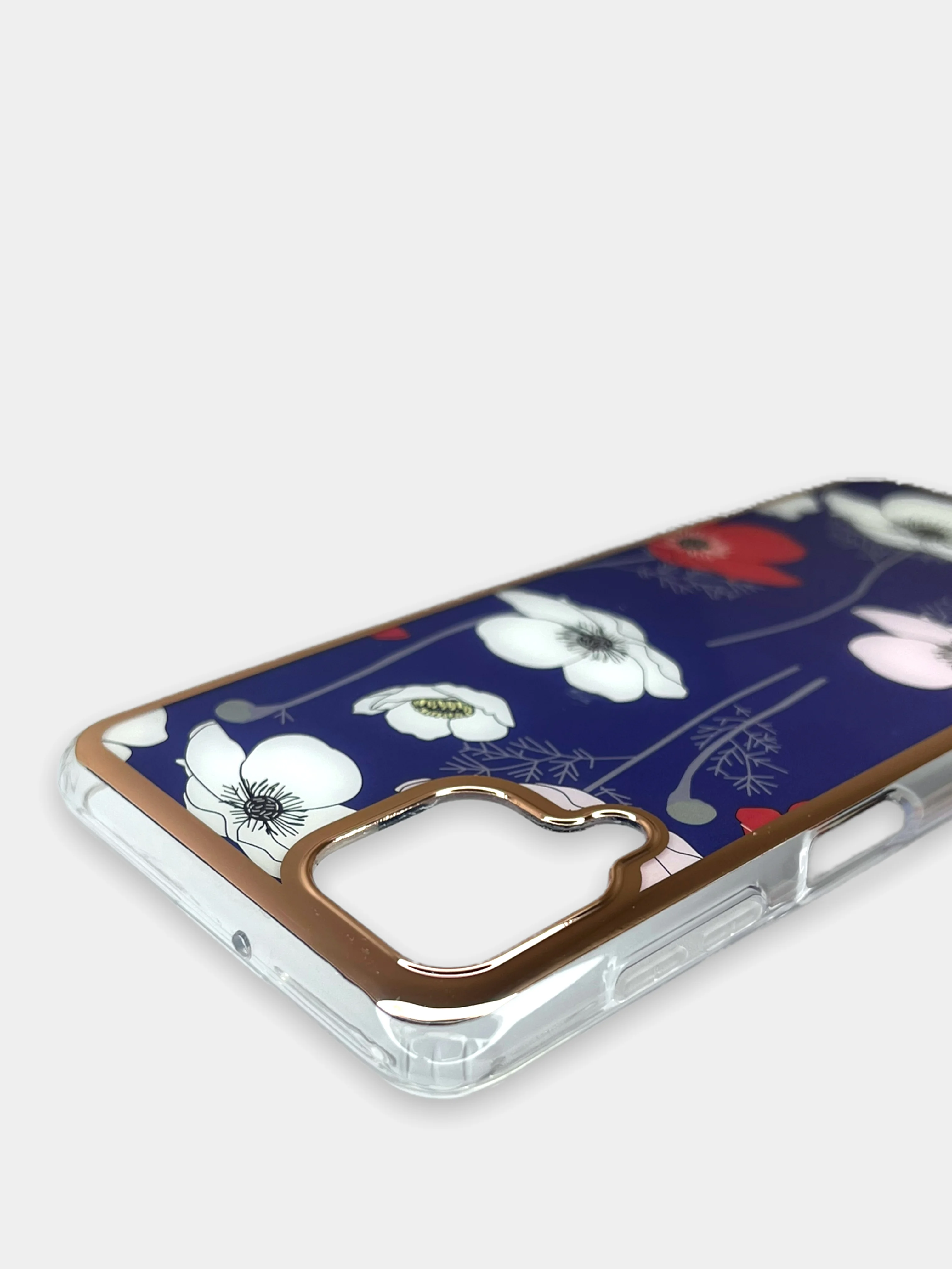 Темно-синий чехол Samsung Galaxy M32, Самсунг Галакси М32 силиконовый с мраморным рисунком и цветами