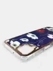 Темно-синий чехол Samsung Galaxy M32, Самсунг Галакси М32 силиконовый с мраморным рисунком и цветами