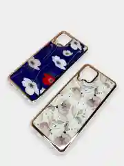 Темно-синий чехол Samsung Galaxy M32, Самсунг Галакси М32 силиконовый с мраморным рисунком и цветами