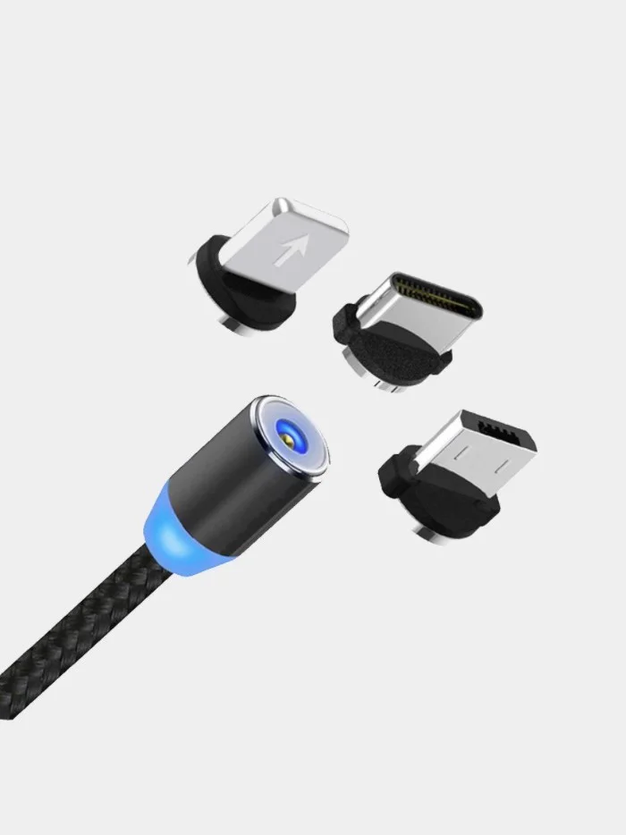 Тёмно-серый кабель зарядный магнитный тканевый MicroUSB/Type-C/Lightning  2.4A, Айфон, Андроид,головка