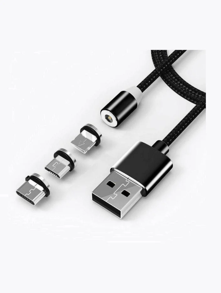 Тёмно-серый кабель зарядный магнитный тканевый MicroUSB/Type-C/Lightning  2.4A, Айфон, Андроид,головка