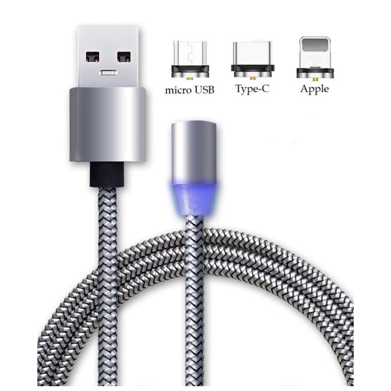 Серый магнитный USB-кабель 3 в 1 с 3-мя разъемами microusb, type C, Lightning, 3 цвета