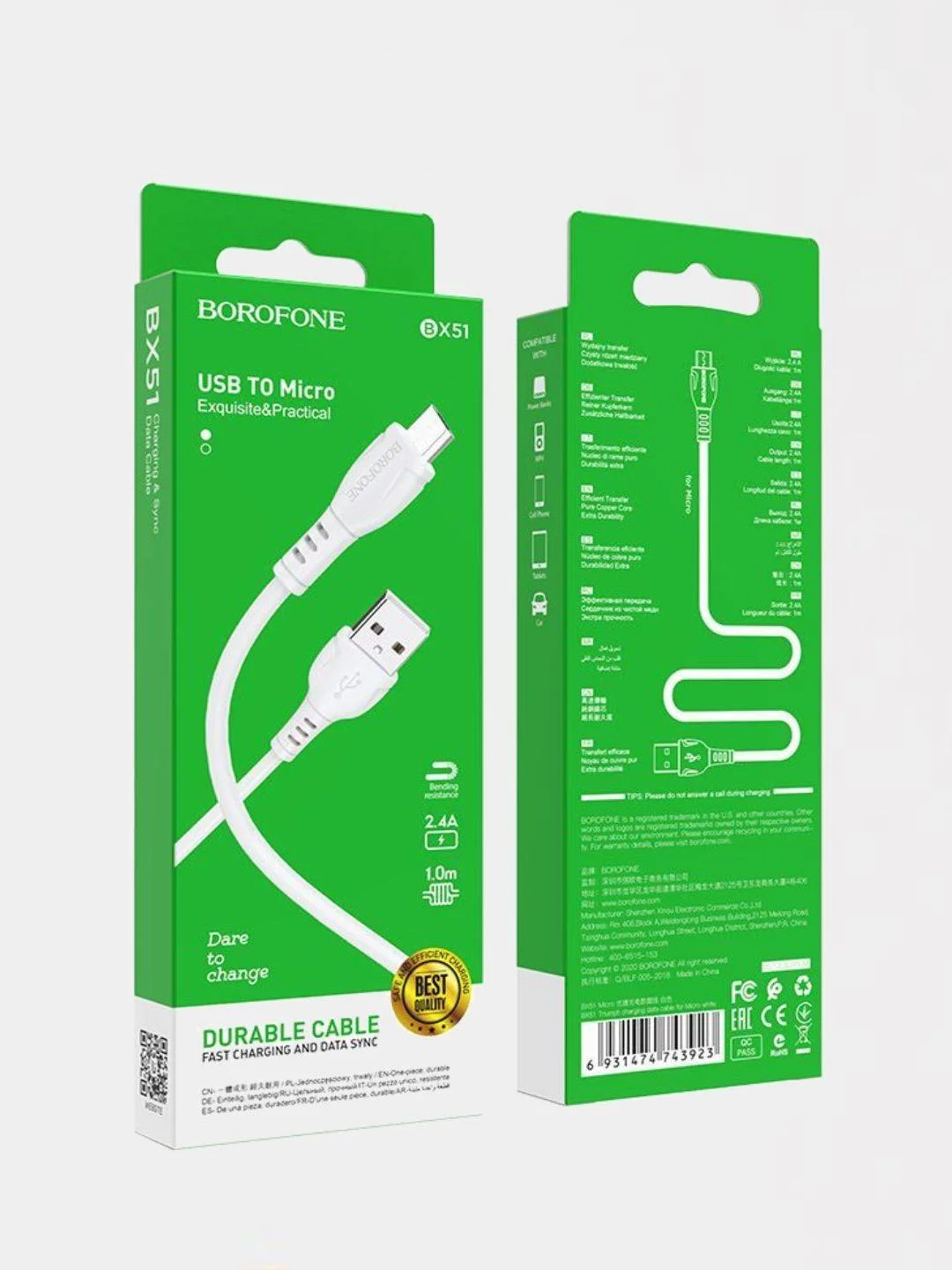 Белый кабель зарядный Borofone BX51 Micro-USB для Android Xiaomi Samsung Honor