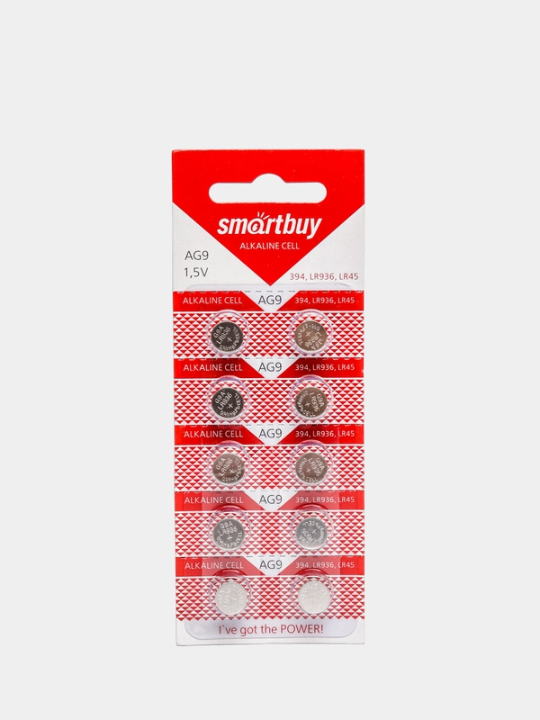Батарейки AG9 10 штук, LR936, 194, 394, LR45, GP94A, V9GA, батарейка SmartBuy AG9, 1,5V