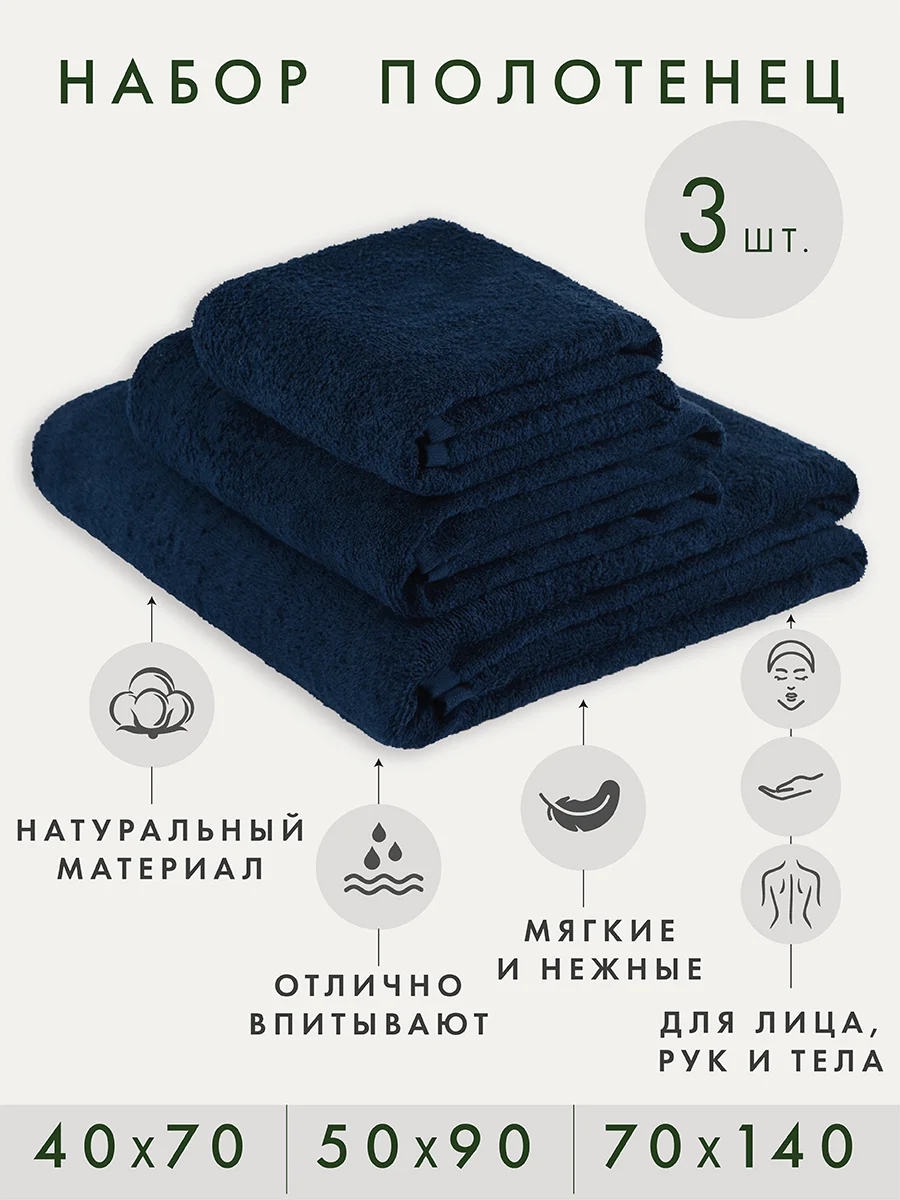 Темно-синий набор махровых банных полотенец, 3 шт., подарок мужчине/папе/коллеге, темно-синий цвет