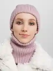 Пудровый комплект шапка и снуд, вязаный женский, шапка бини / шарф / с отворотом / утепленный