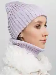 Лавандовый комплект шапка и снуд, вязаный женский, шапка бини / шарф / с отворотом / утепленный