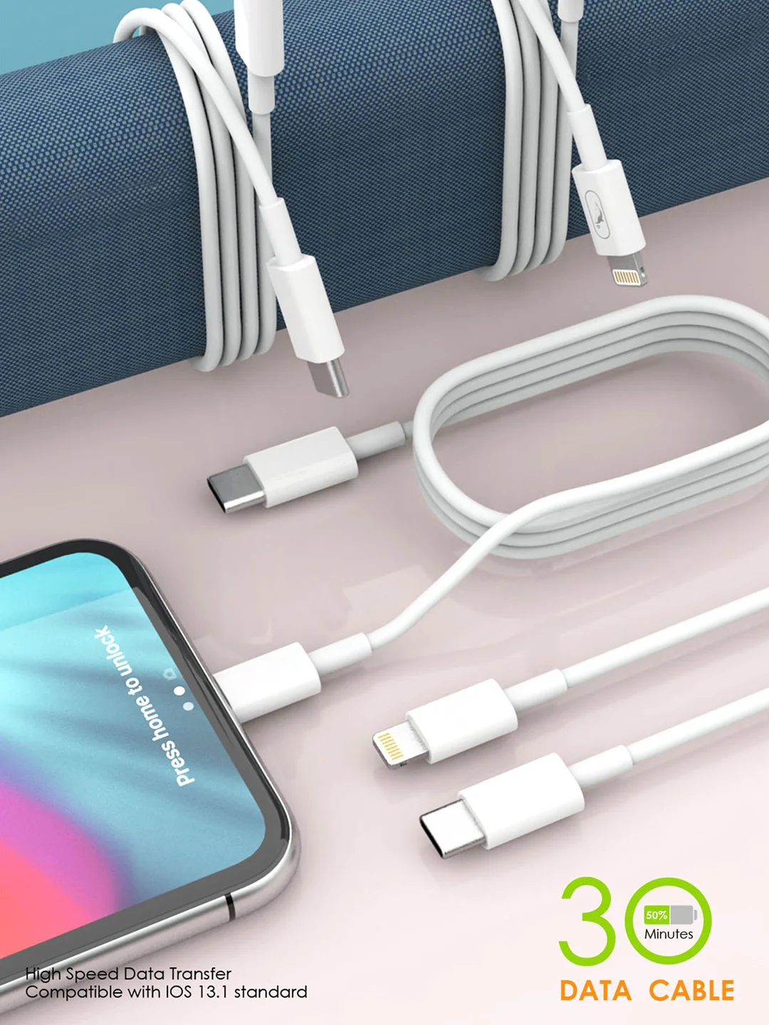 Серый кабель Type-C - Lightning для iPhone / для быстрой зарядки / Дата кабель