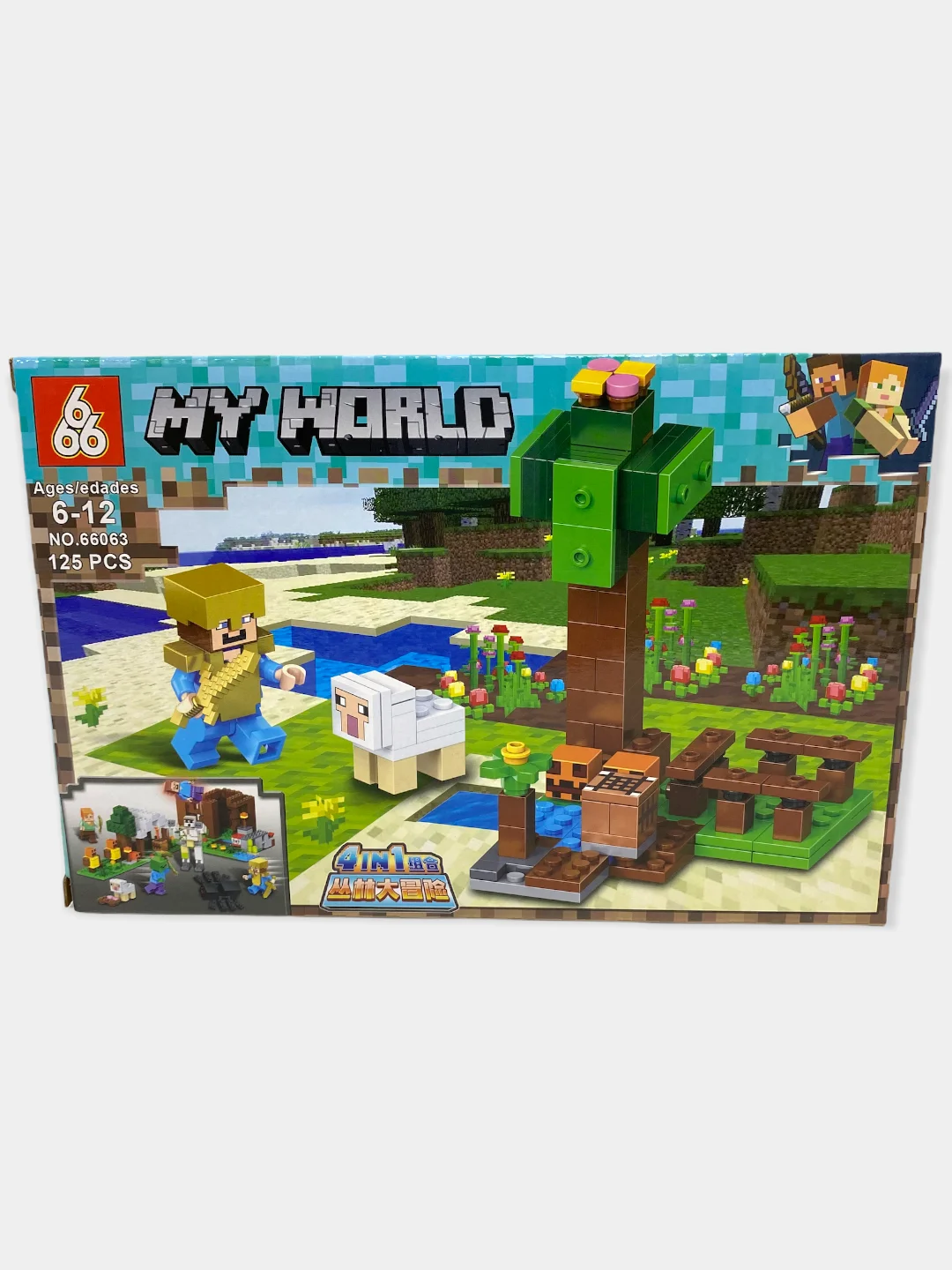 Голубой конструктор My World для детей 4 в 1 "Деревня с зомби, овцой и пауком", 125-126 деталей