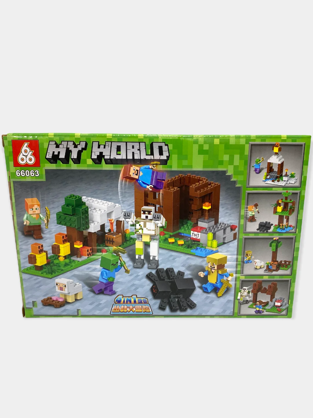 Зеленый конструктор My World для детей 4 в 1 "Деревня с зомби, овцой и пауком", 125-126 деталей
