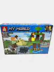 Синий конструктор My World для детей 4 в 1 "Деревня с зомби, овцой и пауком", 125-126 деталей