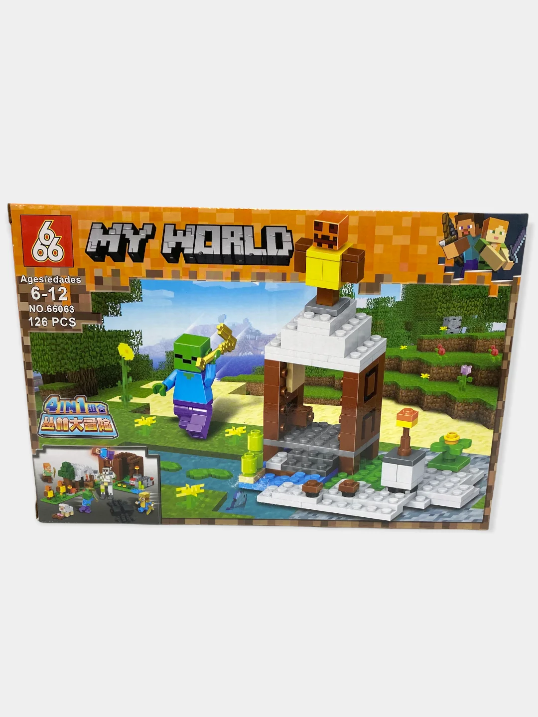 Оранжевый конструктор My World для детей 4 в 1 "Деревня с зомби, овцой и пауком", 125-126 деталей