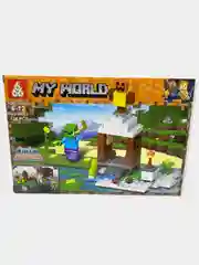 Оранжевый конструктор My World для детей 4 в 1 "Деревня с зомби, овцой и пауком", 125-126 деталей
