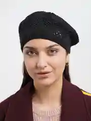 Черный ажурный вязаный берет "Юджит", весенняя женская шапка