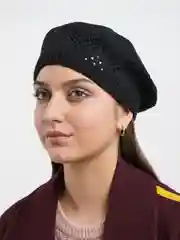 Черный ажурный вязаный берет "Юджит", весенняя женская шапка